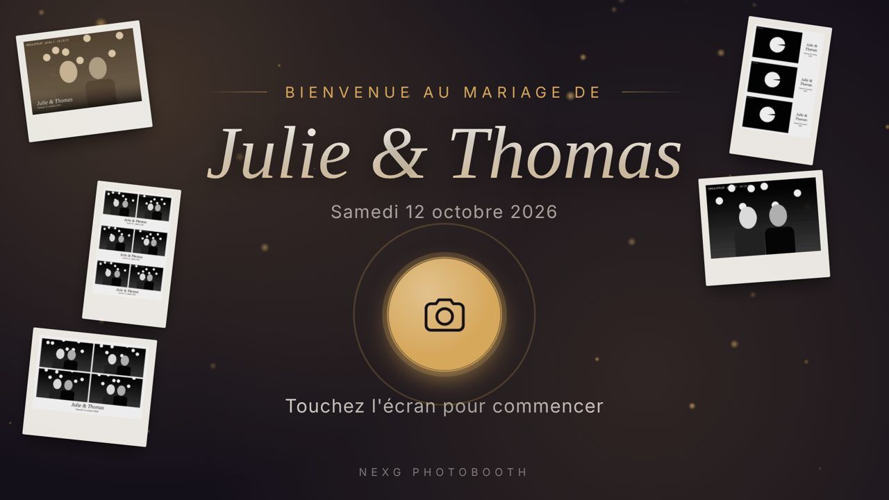 Écran d'accueil du photobooth avec le titre de l'événement et les photos de la soirée